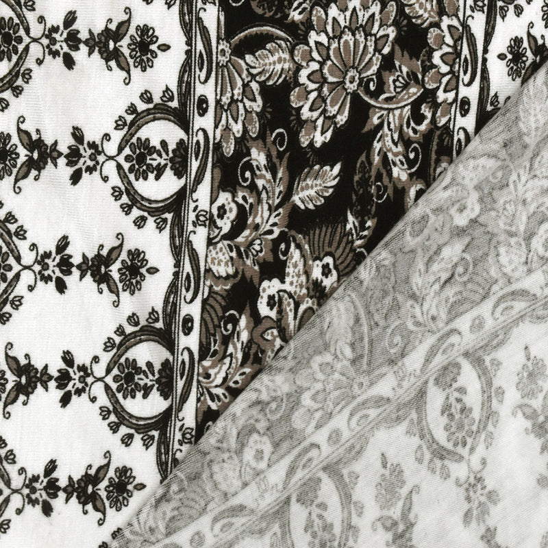 White-Taupe-Black Striped Floral Printed Rayon Stretch Jersey Knit Fabric
