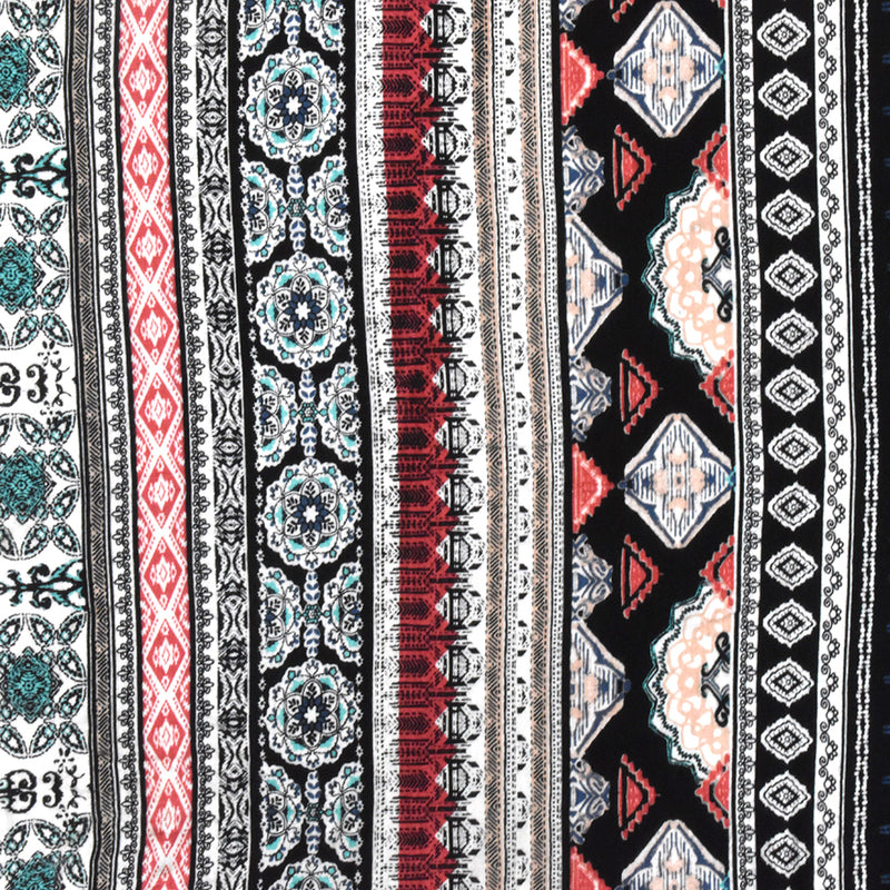 Red-Multi Striped Mixed Pattern Print Slub Rayon Stretch Jersey Knit Fabric