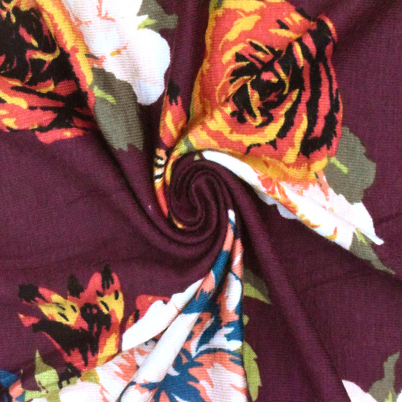 Maroon Red-Orange-Multi Floral Printed Rayon Stretch Jersey Knit Fabric