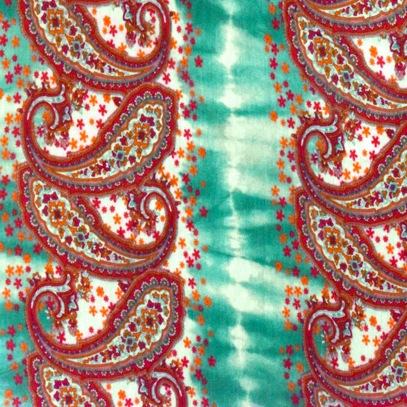 Teal-Red-Multi Striped Paisley Printed Rayon Stretch Jersey Knit Fabric