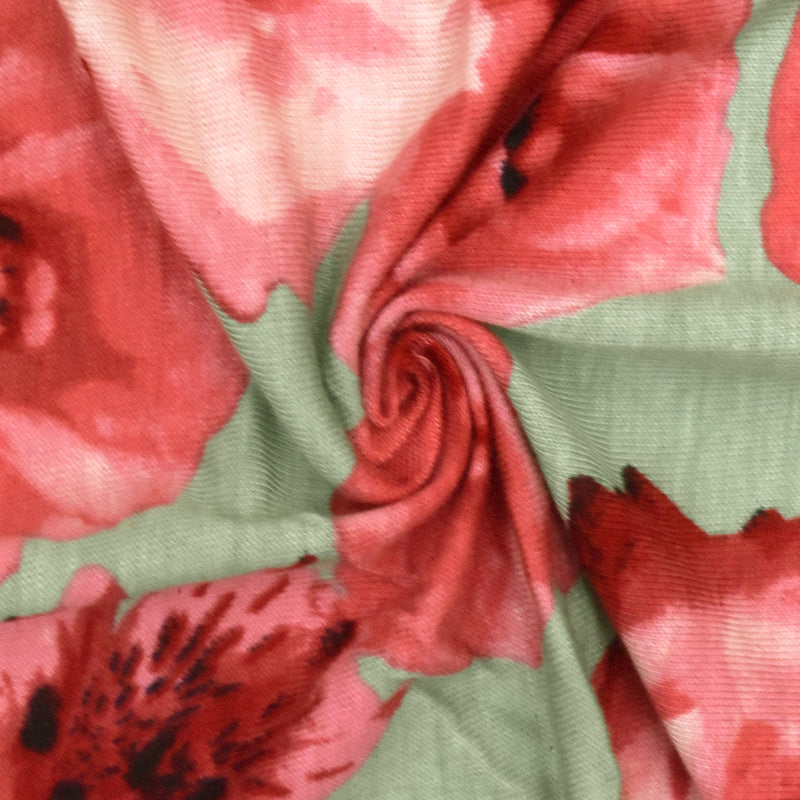 Mint Green-Pink-Multi Rose Printed Slub Rayon Stretch Jersey Knit Fabric