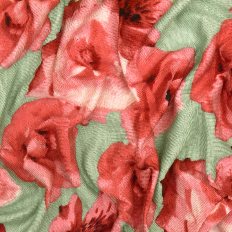 Mint Green-Pink-Multi Rose Printed Slub Rayon Stretch Jersey Knit Fabric