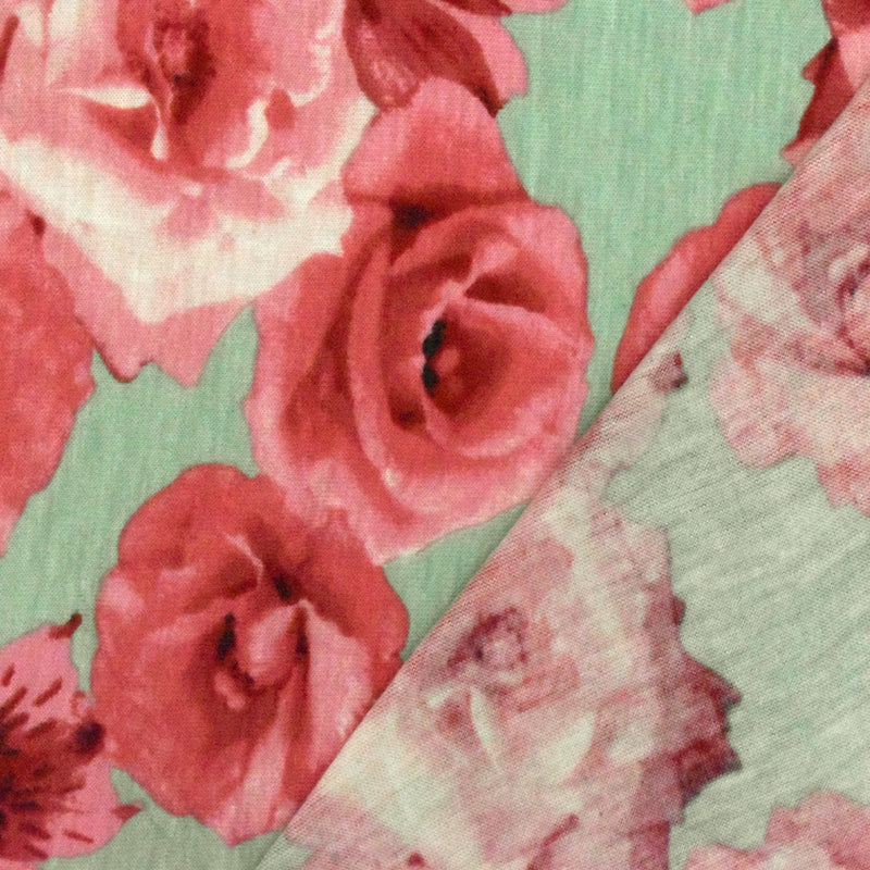 Mint Green-Pink-Multi Rose Printed Slub Rayon Stretch Jersey Knit Fabric