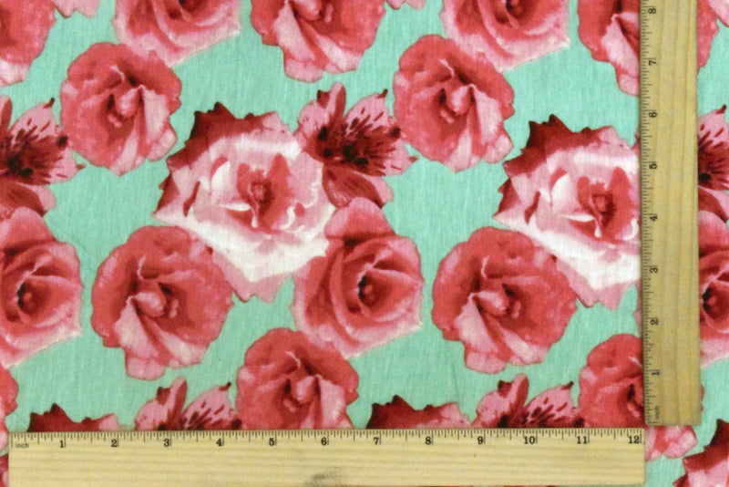 Mint Green-Pink-Multi Rose Printed Slub Rayon Stretch Jersey Knit Fabric