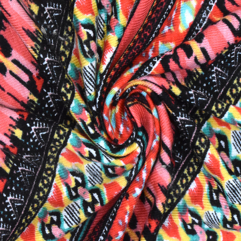 Red-Black-Multi Mix Pattern Chevron Printed Stretch Jersey Knit Fabric