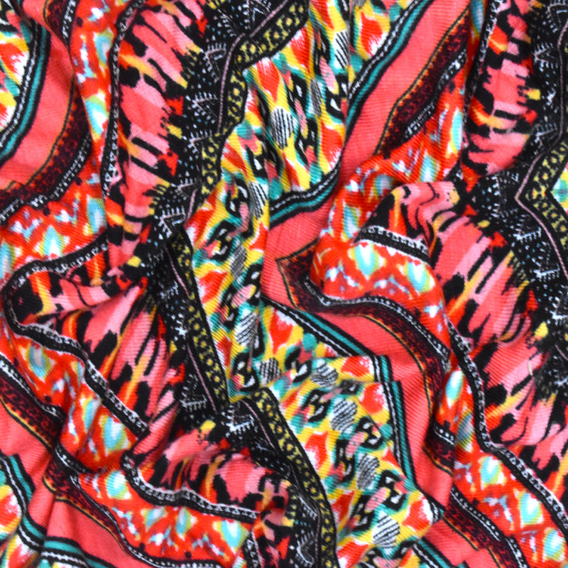 Red-Black-Multi Mix Pattern Chevron Printed Stretch Jersey Knit Fabric