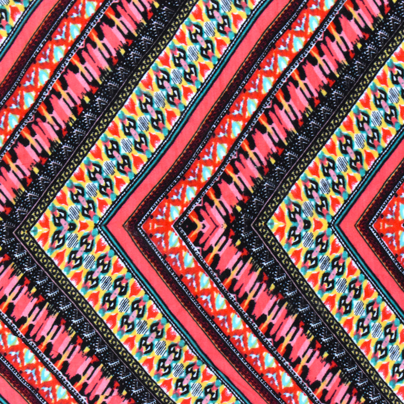 Red-Black-Multi Mix Pattern Chevron Printed Stretch Jersey Knit Fabric