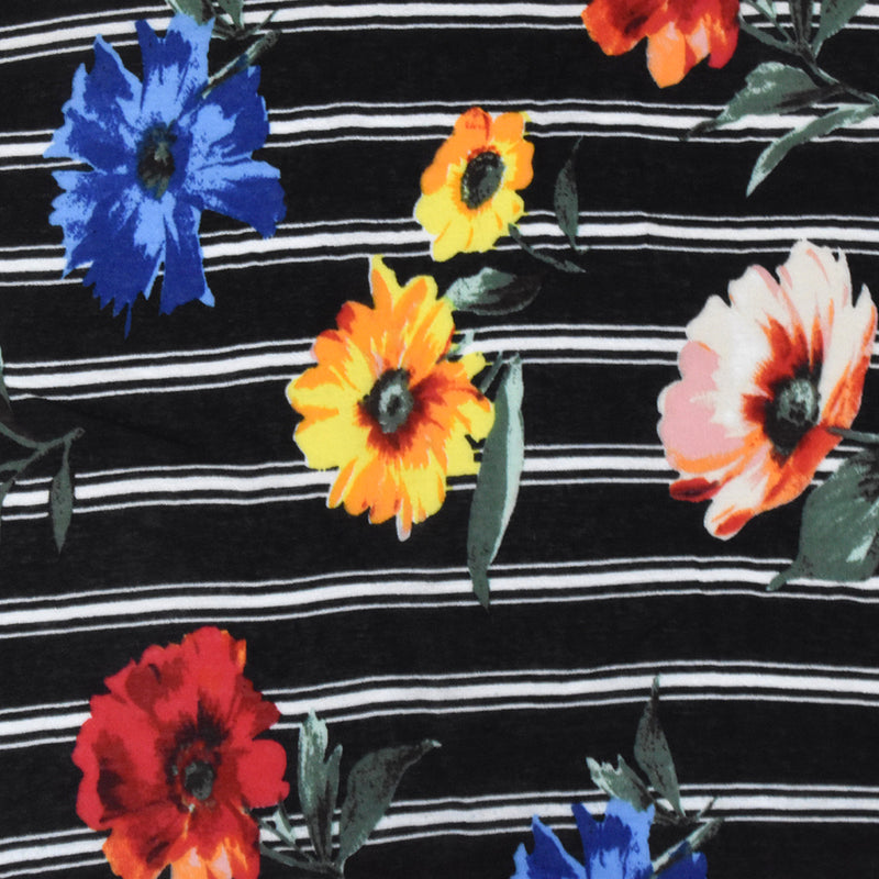 Black-Yellow-Multi Floral Stripe Printed Rayon Gauze Woven Fabric