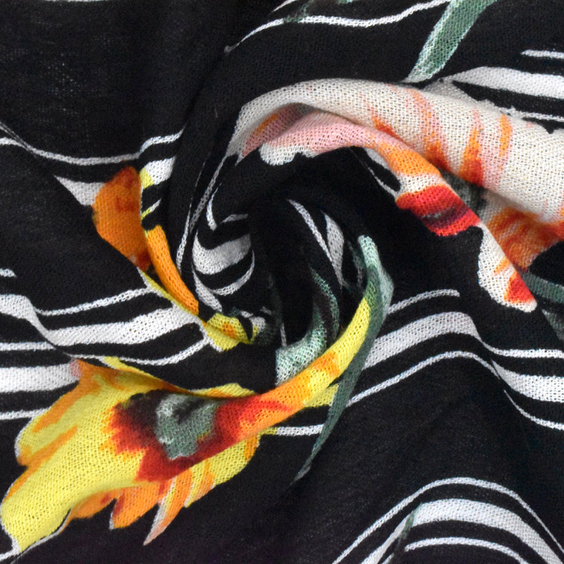 Black-Yellow-Multi Floral Stripe Printed Rayon Gauze Woven Fabric