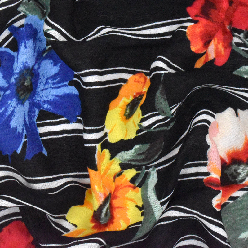 Black-Yellow-Multi Floral Stripe Printed Rayon Gauze Woven Fabric