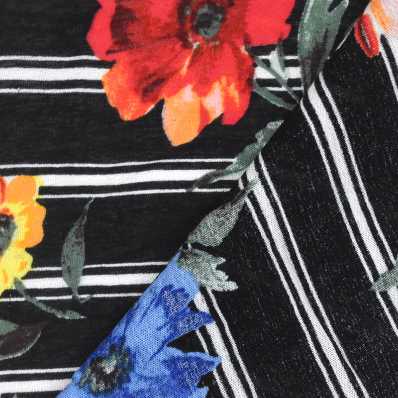 Black-Yellow-Multi Floral Stripe Printed Rayon Gauze Woven Fabric