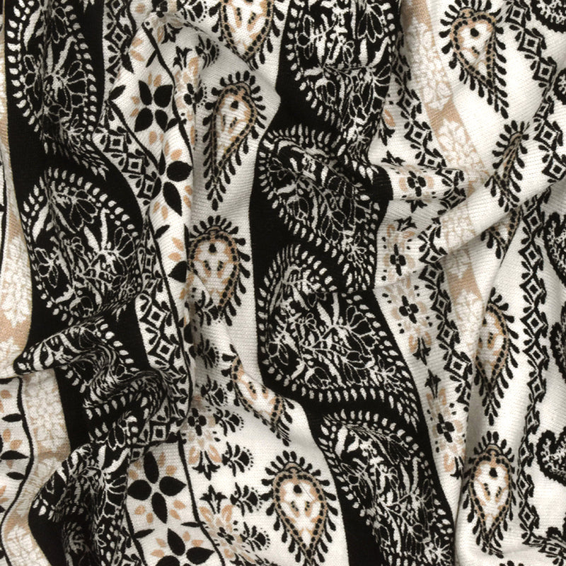 White-Black-Beige Paisley Stripe Printed Rayon Stretch Jersey Knit Fabric