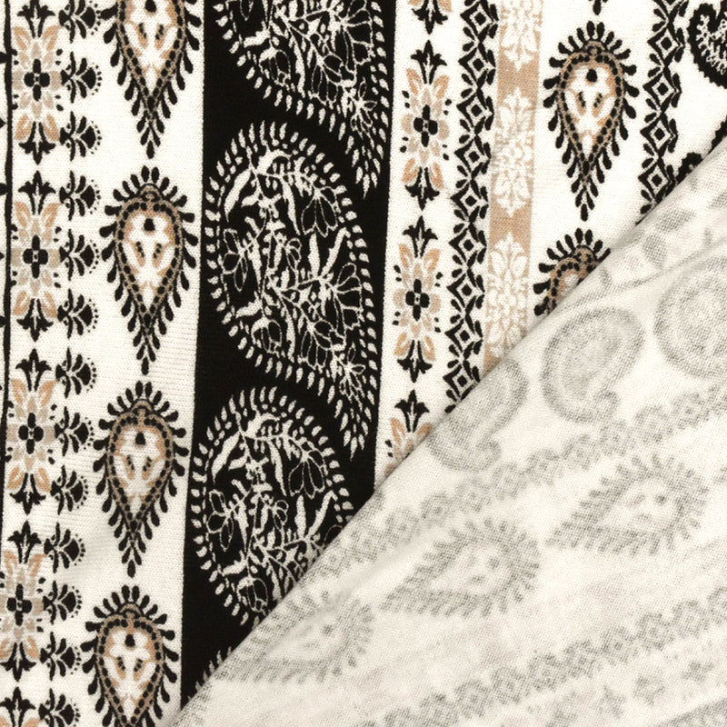 White-Black-Beige Paisley Stripe Printed Rayon Stretch Jersey Knit Fabric