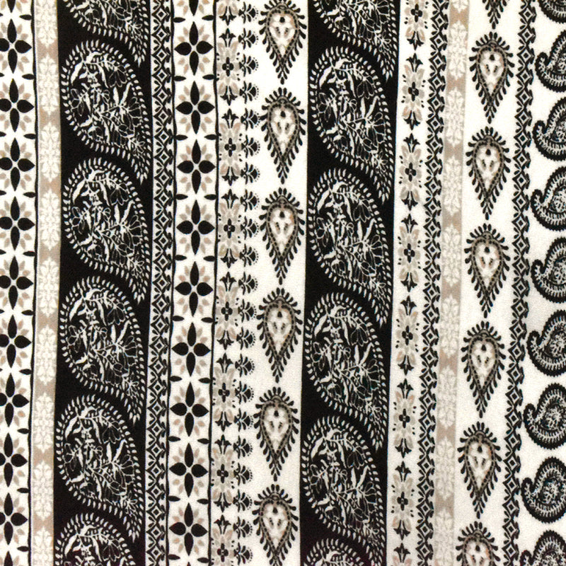 White-Black-Beige Paisley Stripe Printed Rayon Stretch Jersey Knit Fabric