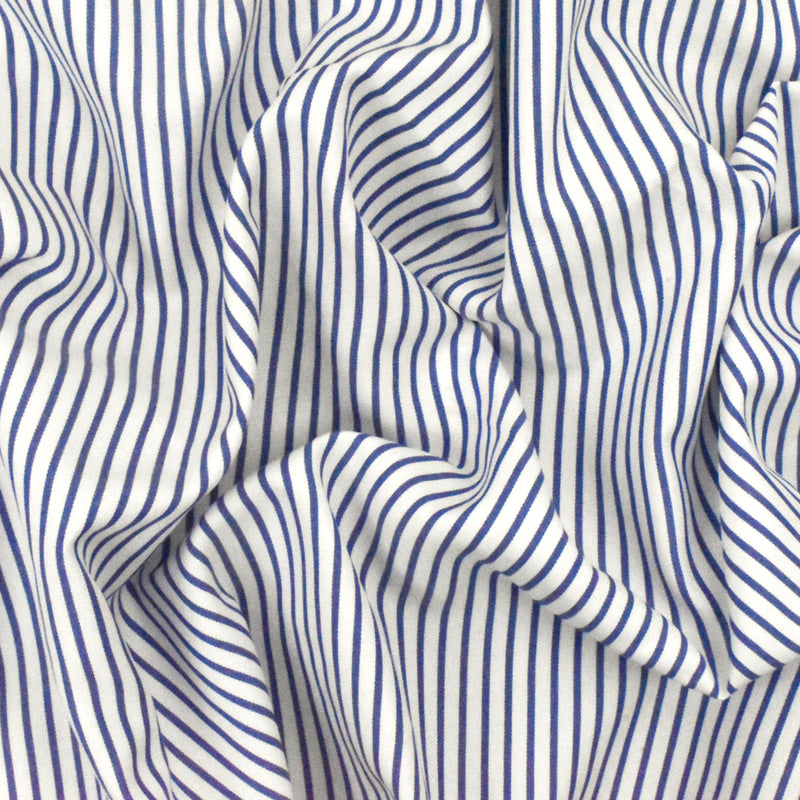 Ultramarine Blue-White Stripe Polyester Shirting Woven Fabric