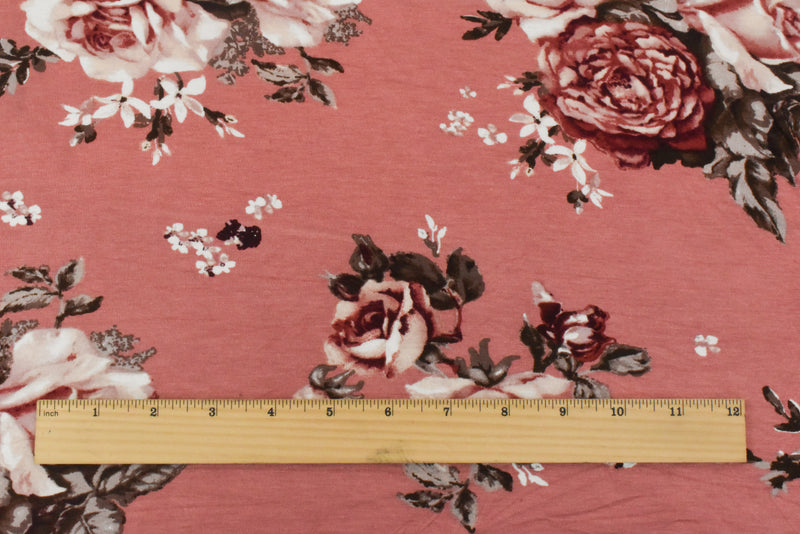 Rosy Pink-Brown-Multi Floral Printed Stretch Rayon Jersey Knit Fabric