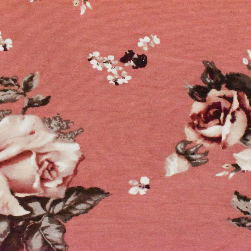 Rosy Pink-Brown-Multi Floral Printed Stretch Rayon Jersey Knit Fabric