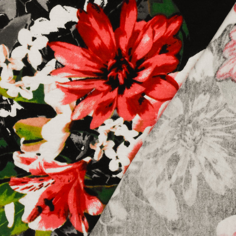 Pure Red-Black-Multi Floral Printed Stretch Rayon Jersey Knit Fabric