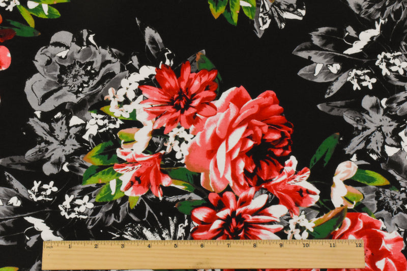 Pure Red-Black-Multi Floral Printed Stretch Rayon Jersey Knit Fabric