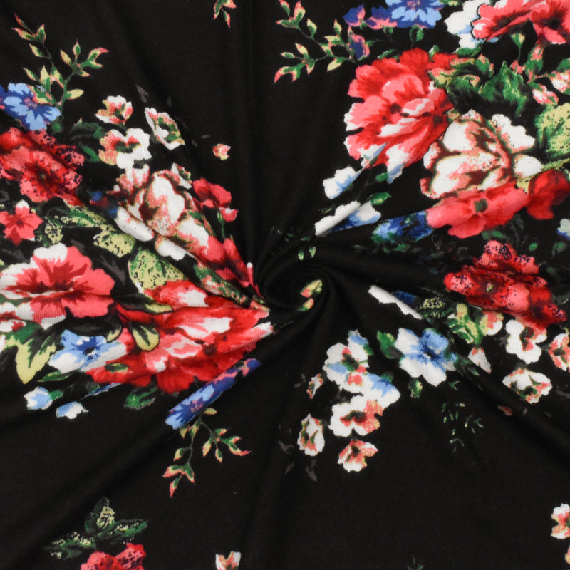 Night Black-Red-Multi Floral Printed Stretch Rayon Jersey Knit Fabric