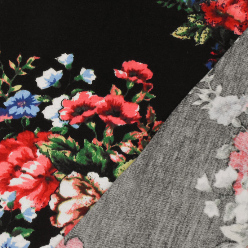 Night Black-Red-Multi Floral Printed Stretch Rayon Jersey Knit Fabric