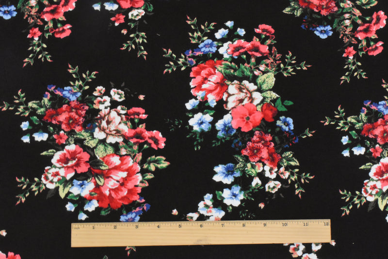 Night Black-Red-Multi Floral Printed Stretch Rayon Jersey Knit Fabric