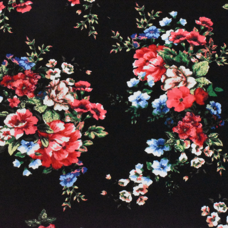 Night Black-Red-Multi Floral Printed Stretch Rayon Jersey Knit Fabric