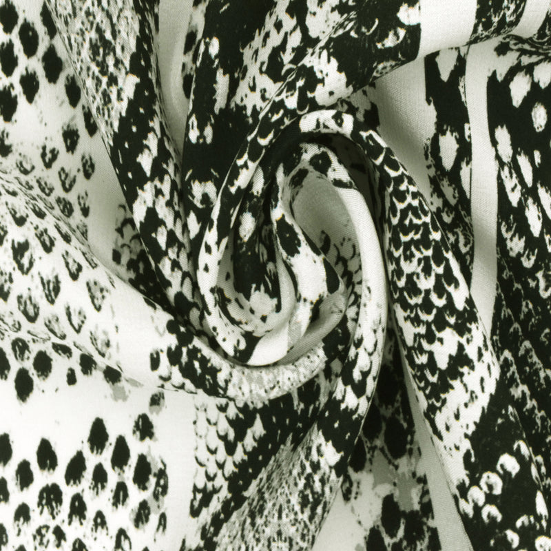 Black-Gray-Ivory Snake Striped Printed Silk Crepe De Chine Fabric