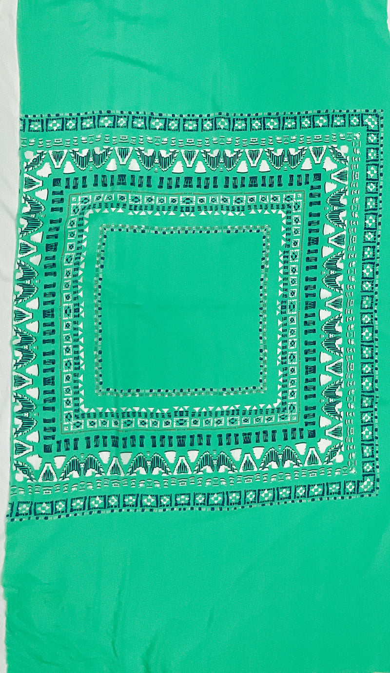 Oasis Green-Multi Tribal Border Panel Printed Silk Crepe De Chine Fabric