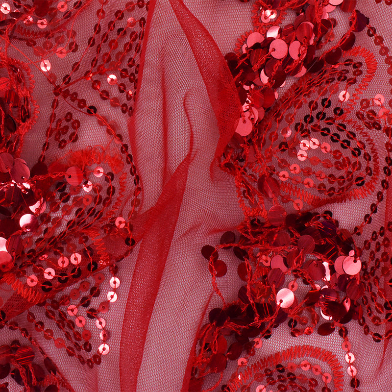 Valentine Red Heart Embroidered Sequin-Fringe Mesh Tulle Fabric