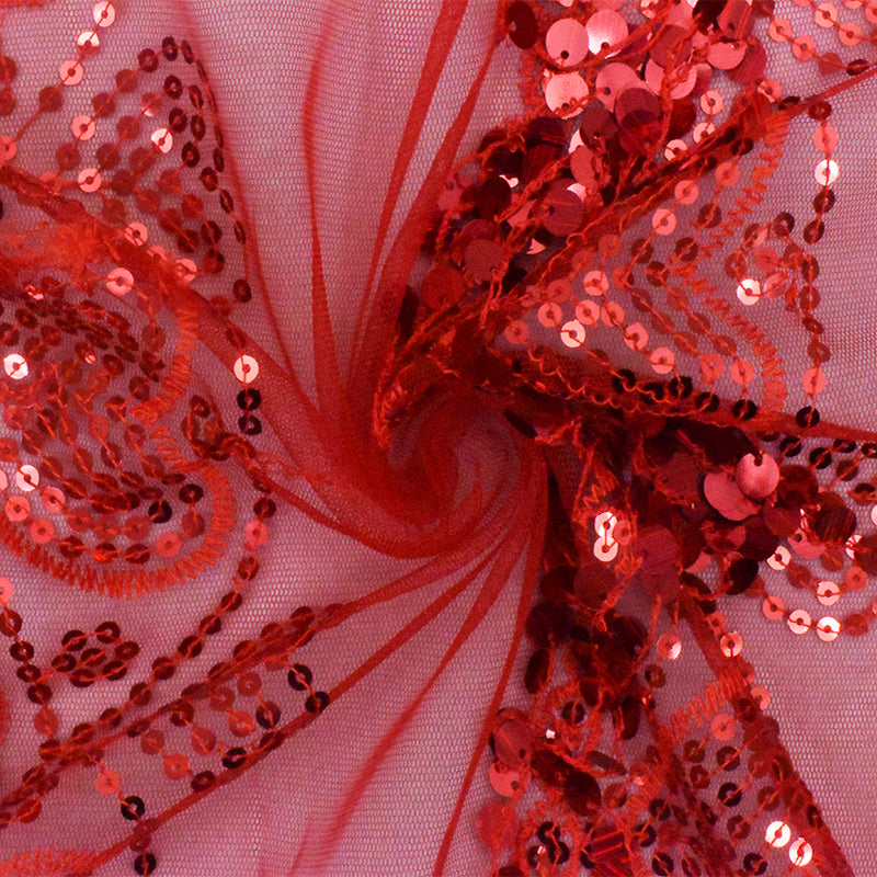 Valentine Red Heart Embroidered Sequin-Fringe Mesh Tulle Fabric