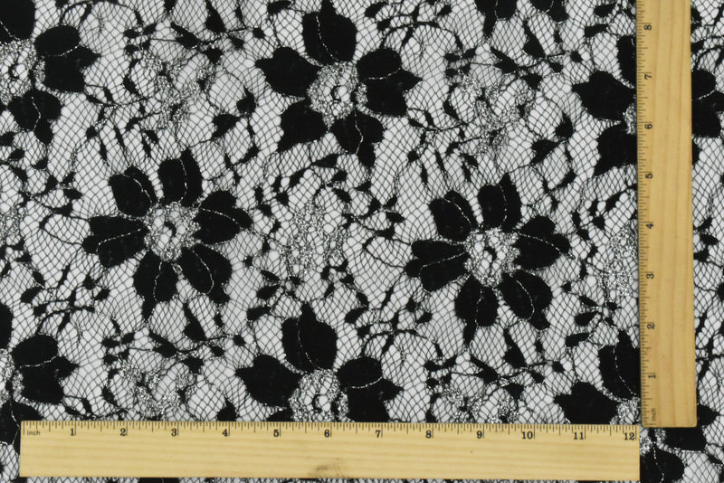 Black-Metallic Silver Floral Lace Knit Fabric