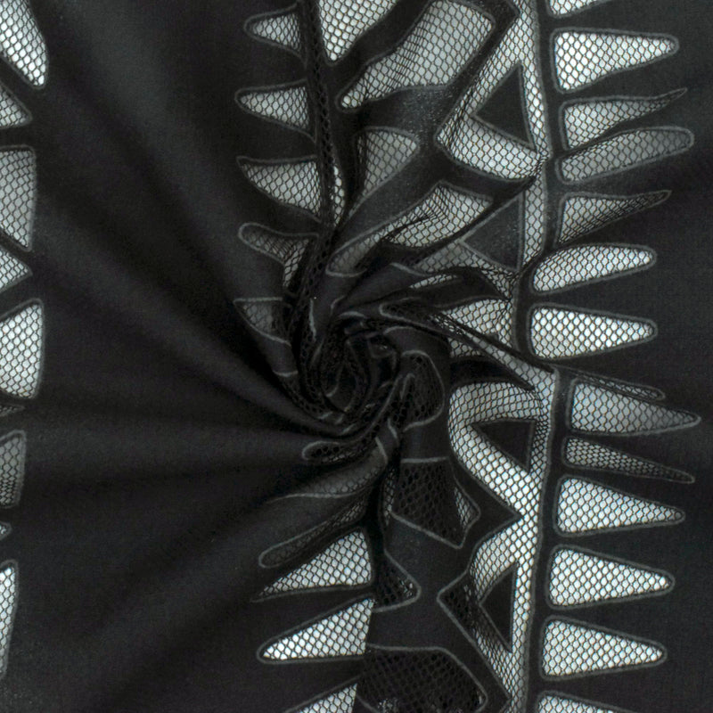 Black-Gray Tribal Printed Cotton-Poly Burnout Mesh Fabric