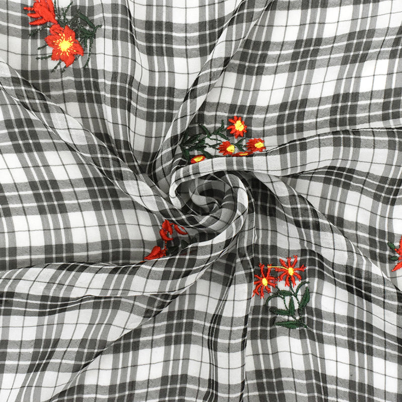 Ivory-Black-Multi Floral Embroidered Plaid Polyester Chiffon Woven Fabric