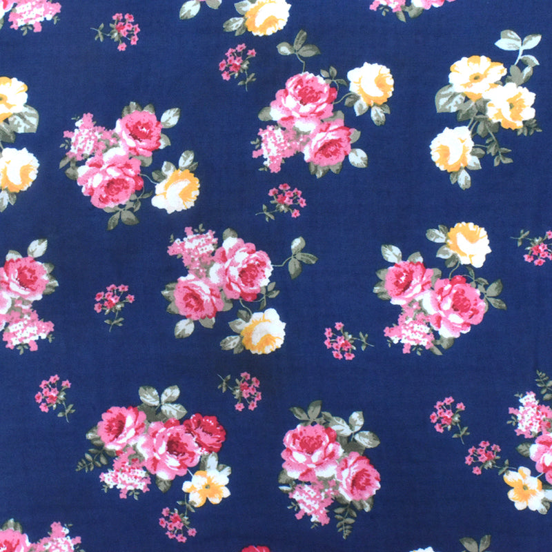 Navy Blue-Pink-Multi Floral Printed Polyester Chiffon Woven Fabric