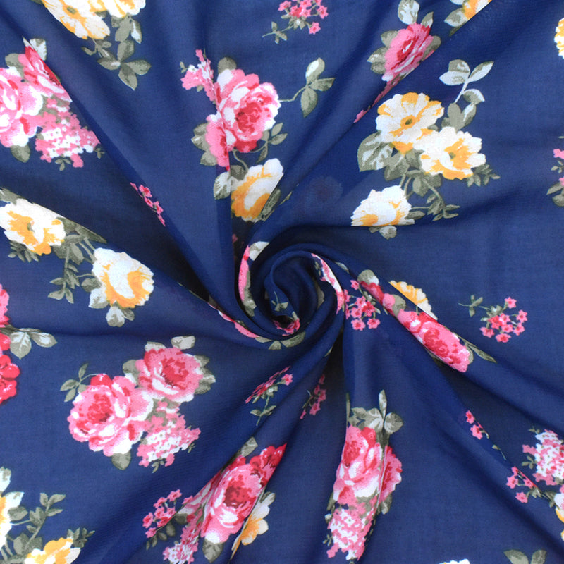 Navy Blue-Pink-Multi Floral Printed Polyester Chiffon Woven Fabric