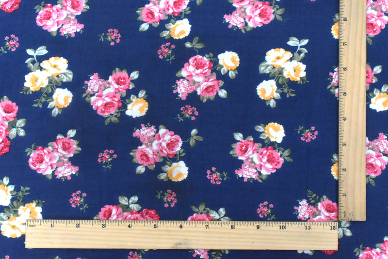 Navy Blue-Pink-Multi Floral Printed Polyester Chiffon Woven Fabric
