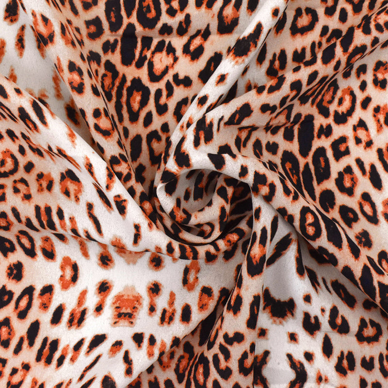 Coral Orange-Black-Multi Cheetah Printed Polyester Georgette Woven Fabric