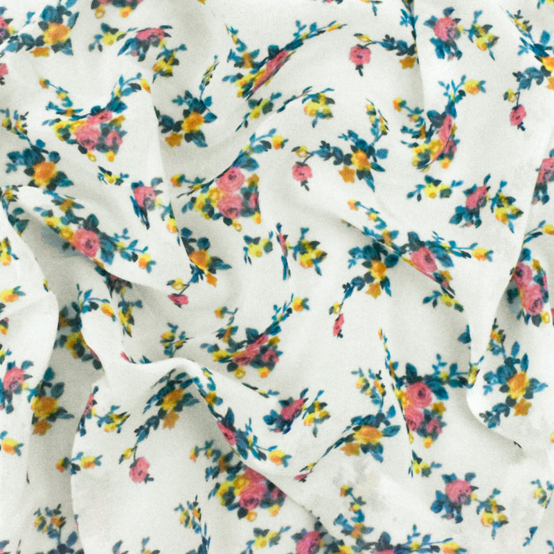 Paper White-Green-Multi Floral Printed Polyester Chiffon Woven Fabric