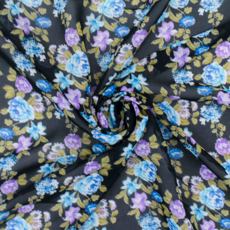 Jet Black-Blue-Multi Floral Printed Polyester Chiffon Woven Fabric