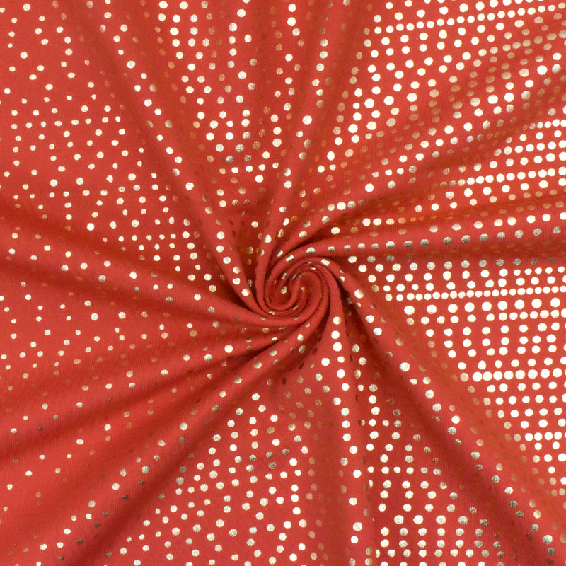 Sunset Red-Gold Dot Printed Stretch Tricot Swimwear Knit Fabric