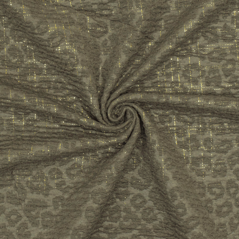 Ash Olive-Gold Crinkle Leopard Metallic Plaid Stretch Double Knit Fabric