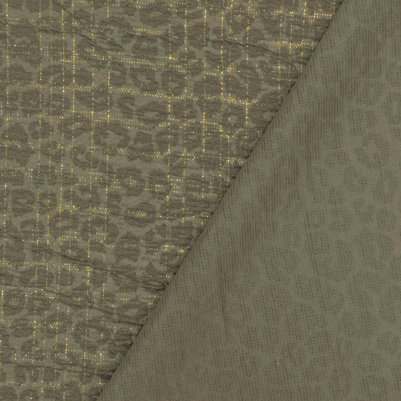 Ash Olive-Gold Crinkle Leopard Metallic Plaid Stretch Double Knit Fabric