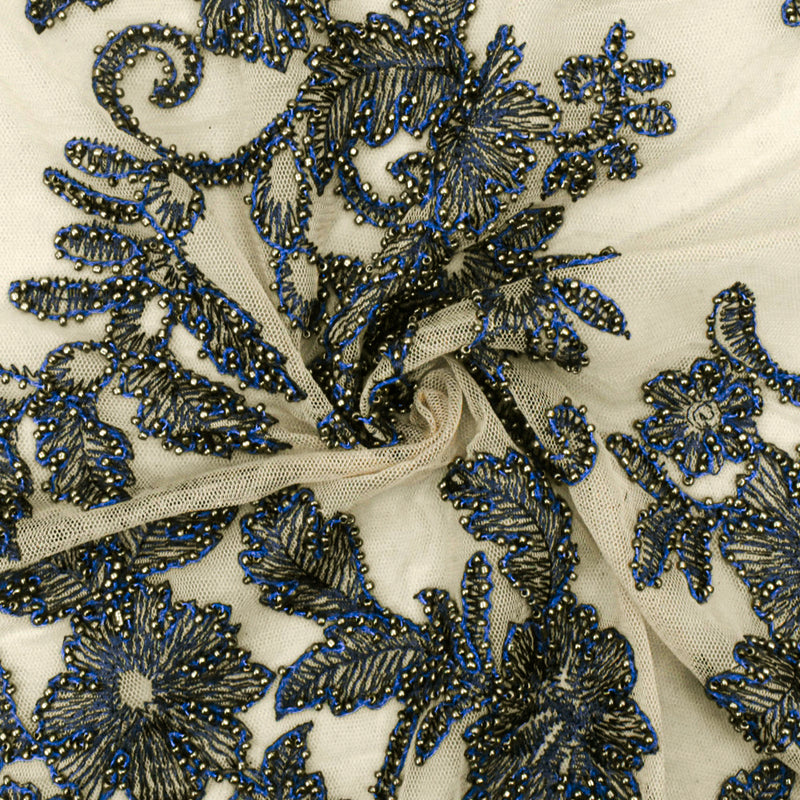 Beige-Blue-Silver Floral Bead Embroidered Scallop Tulle Fabric
