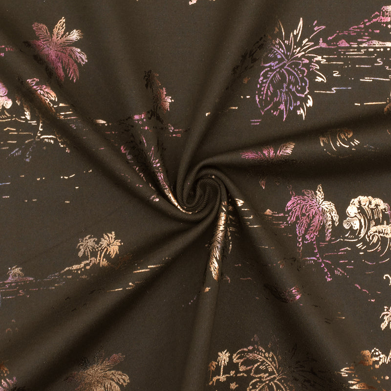 Brown-Multi Famous Maker Beach Print Stretch Tricot Swimwear Knit Fabric