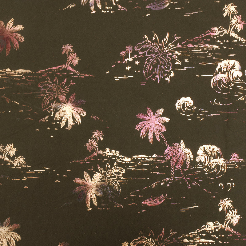 Brown-Multi Famous Maker Beach Print Stretch Tricot Swimwear Knit Fabric