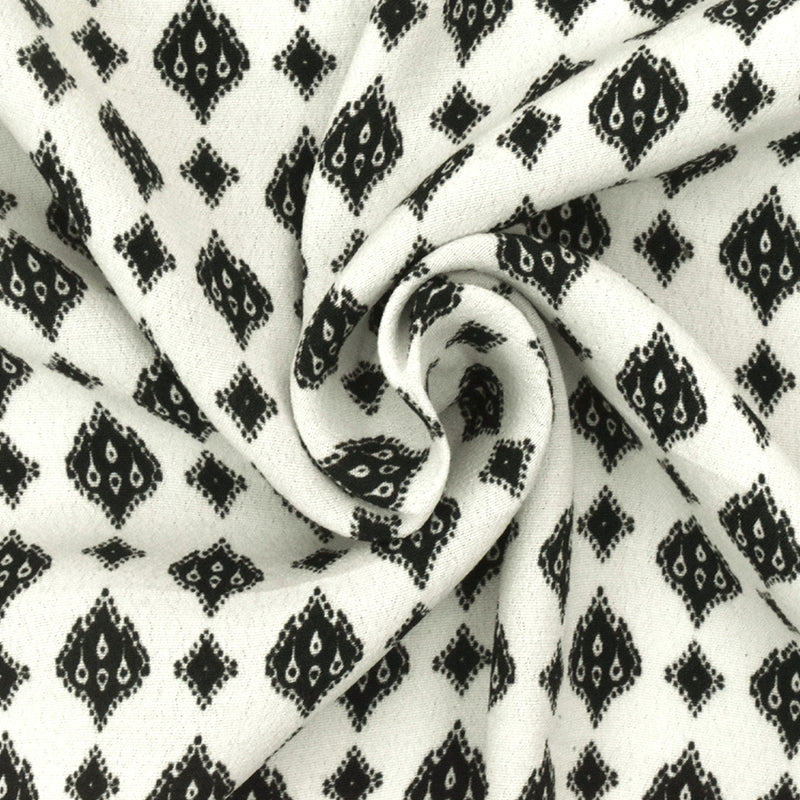 White-Black Famous Designer Ogee Diamond Printed Rayon Crepe Faille Fabric