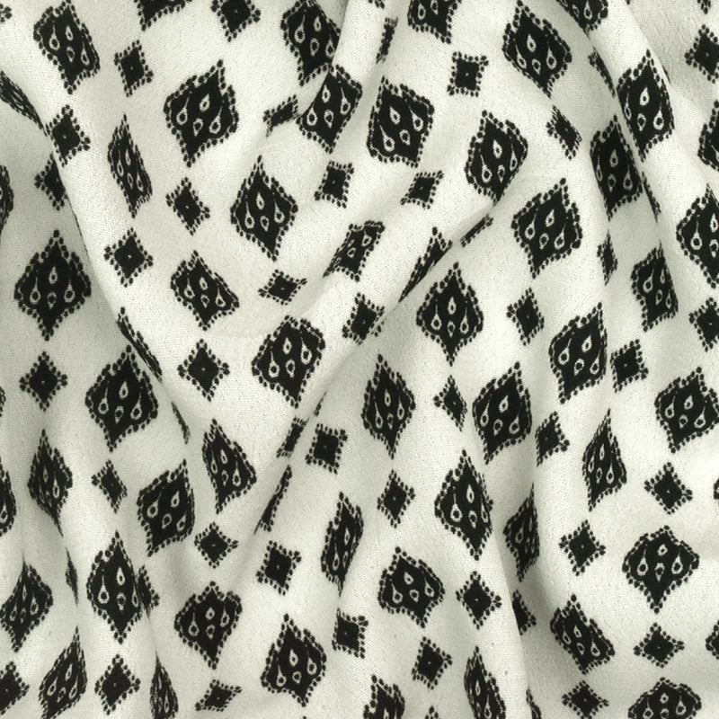 White-Black Famous Designer Ogee Diamond Printed Rayon Crepe Faille Fabric