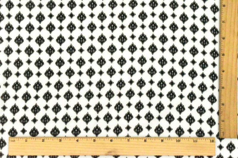 White-Black Famous Designer Ogee Diamond Printed Rayon Crepe Faille Fabric