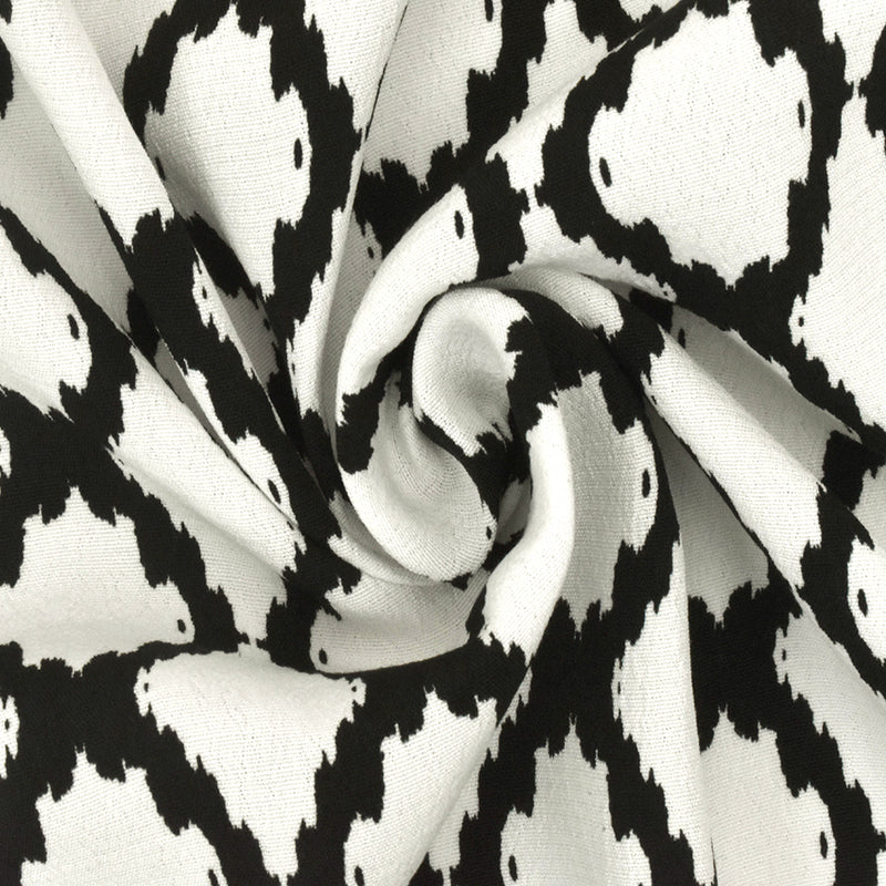 Black-White Famous Designer Ikat Ogee Printed Cotton Crepe Faille Fabric